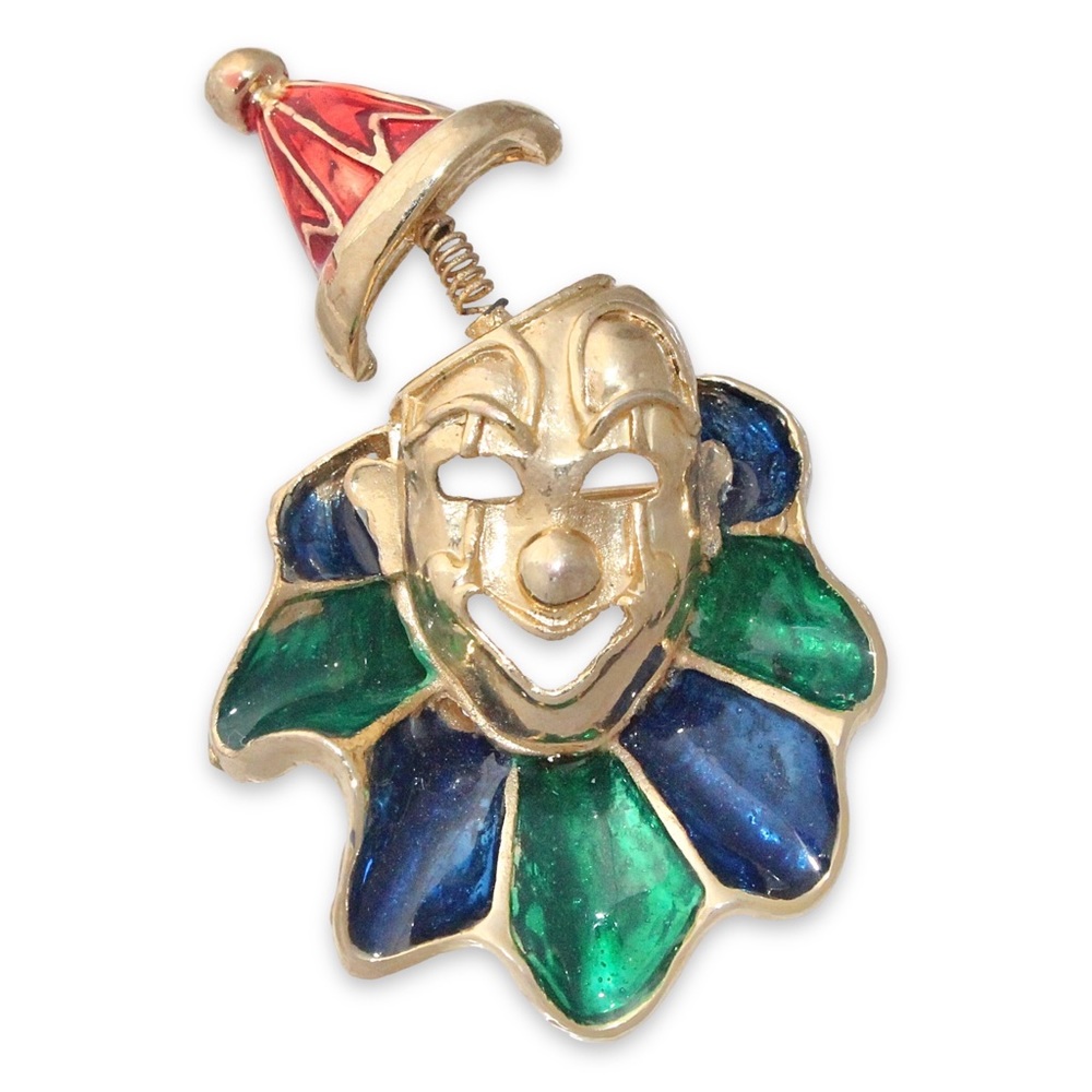Vintage Clown Brooch Kinetic Spring Hat Multicolor Enamel Gold Tone